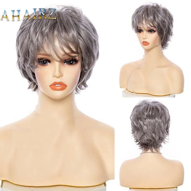 Short Pixie Cut Silver Gray Synthetic Wigs Natural Straight Layered Wig wi - £19.65 GBP