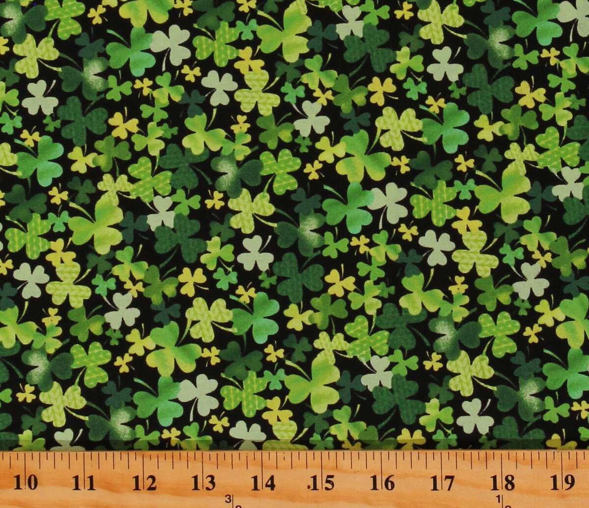 Cotton Lucky Green Four-Leaf Clovers on Black Fabric Print by the Yard D... - $12.95