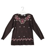 Vtg Y2K Carolyn Taylor Women&#39;s S Embroidered Floral &amp; Pearl Brown Knit S... - $25.00