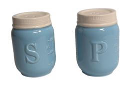 Mason Jar Salt Pepper Shakers Blue White Ceramic Containers 2-Pc Kitchen... - $16.37