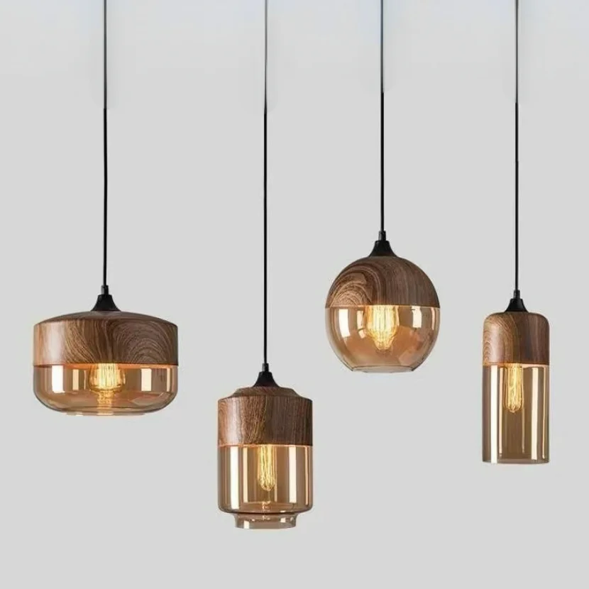 Wooden Glass Pendant Lights for Restaurant Business Decoration Hanging Lamp - £50.87 GBP+