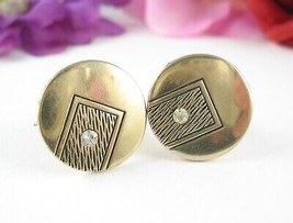 BLACK LINES Swank Round Rhinestone CUFFLINKS Vintage  Goldtone Cuff Links - £16.61 GBP