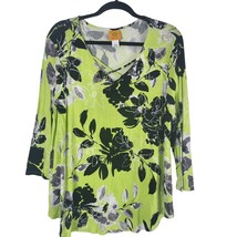 Ruby Rd Blouse L Womens Green Black Floral V Neck Long Sleeve Pullover Top - £12.07 GBP