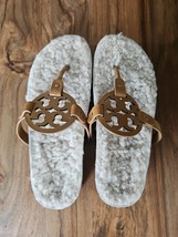 Tory Burch Miller Cloud Shearling Thong Caramel Leather Sandal Logo Sz 8... - $79.19