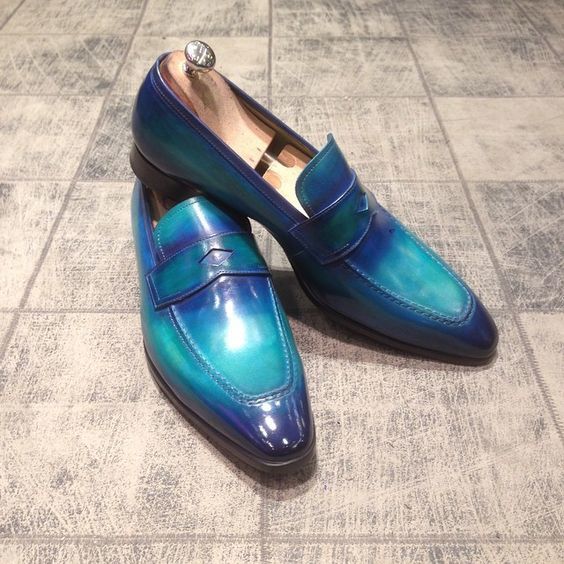 New Men's Blue Patina loafers for Men Custom Made Slip on Shoes 2019
