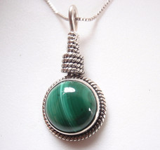 Round Malachite 925 Sterling Silver Necklace Enhanced with Rope Style Accents - £15.91 GBP