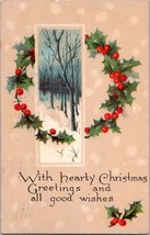 Vintage 1916 Christmas Greetings Postcard Holly snow woods nostalgic a5 - £17.01 GBP