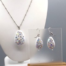 Milk Glass Teardrop Studded with AB Crystals, Pendant Necklace and Matching - £60.10 GBP