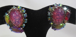 Vtg Foil Backed Pink Glass &amp; AB Rhinestones Prong Set Clip Earrings - £35.24 GBP