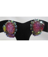 Vtg Foil Backed Pink Glass &amp; AB Rhinestones Prong Set Clip Earrings - £36.05 GBP