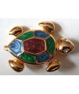 TURTLE Brooch Pin Brightly Enamel Green Blue Red Gold Tone Setting Cryst... - $17.99