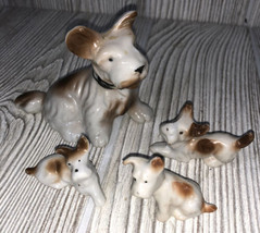 Vintage Small Terrier Scotty Brown &amp; White Ceramic Dog Figurines, Made in Japan - £13.20 GBP