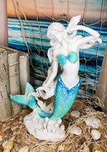 Nautical Capiz Blue Tailed Siren Mermaid Listening To Sea Conch Statue 11.75&quot;H - £29.47 GBP