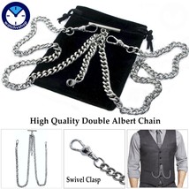 Double Albert Chain Silver Pocket Watch Chain for Men T Bar Swivel Clips AC20N - £16.39 GBP