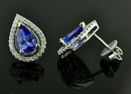 1.00 Ct Pear Cut Blue Sapphire Women&#39;s Stud Earrings 14k White Gold Finish - £67.47 GBP