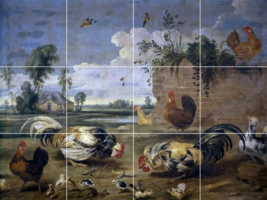 chicken rooster cock fight antique painting repro ceramic tile mural backsplash - £47.47 GBP+