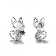 14K White Gold Plated Round Cut CZ Cutie Cat Stud Earrings Thanksgiving - £37.24 GBP