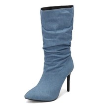 Brand Women Mid Calf Boots Pointed Toe Denim Stiletto 10CM Slip On Sexy Dating F - £38.67 GBP