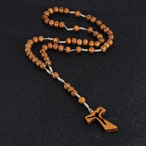 Wooden Beads Cross Pendant Necklace Catholic Christ Religious Jesus Rosa... - £10.24 GBP