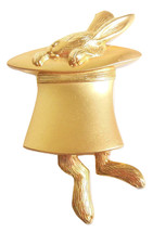 JJ Jonette Pin Brooch Matte Gold Rabbit in Hat w/ Dangling Feet Costume Jewelry - £13.51 GBP