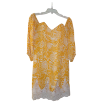 Mustard Yellow Floral Print Off Shoulder Dress Jr Junior S 3/4 Sleeve Lace Trim - £6.99 GBP