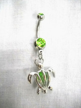 3D Honu Sea Turtle W Caged Green Crystal Charm Lime Green Cz 14g Belly Ring - £7.86 GBP