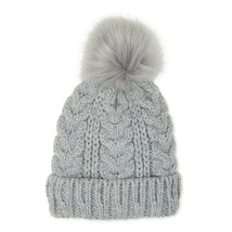 Time And Tru Women&#39;s Solid Cable Knit Beanie Hat W Pom Pom Med Gray Heat... - £12.93 GBP