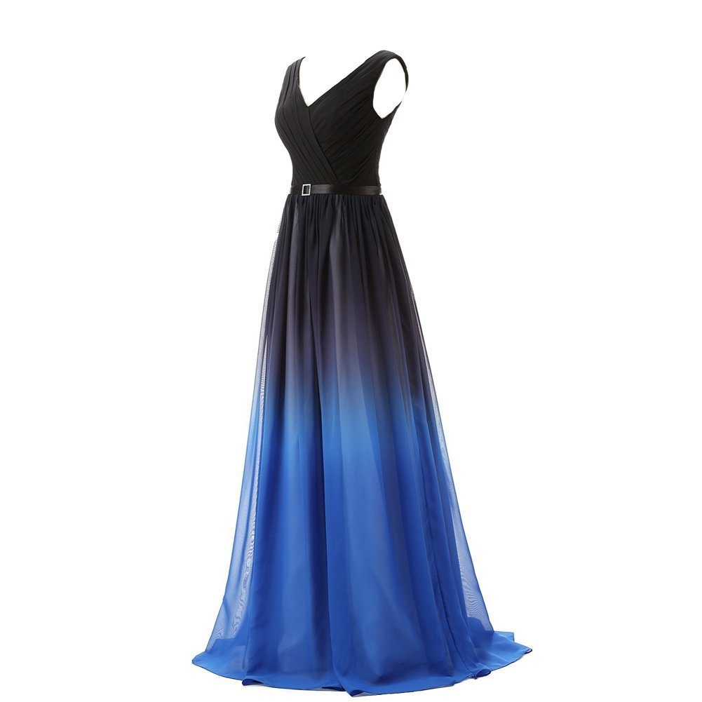 Kivary? Black V Neck Sash Gradient Ombre Chiffon Long Formal Prom Evening Dresse