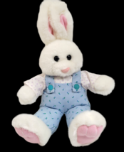 Bunny Rabbit Plush Stuffed Animal 15&quot; w/Ears Print Overalls Shirt Easter Spring - £11.32 GBP