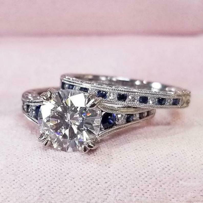 2.86Ct Round Cut White Diamond & Blue Sapphire 925 Silver Engagement Ring Set