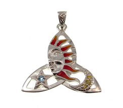 Solid 925 Sterling Silver, Enamel, &amp; Blue Topaz Celtic Trinity Knot Sun Pendant - £54.05 GBP