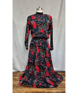 Vtg 1980s Goth Halloween Southwest Witchy Black Red Rose Paisley Dress S... - $46.32 CAD