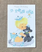 Ephemera Vintage 50s One Year Birthday Card Baby Child Hugging Dog Poodle - £6.33 GBP