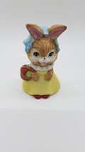 Lefton Bunny Rabbit 3&quot; Figurine Apple Basket Blue Bonnet Yellow Dress Vintage - $14.84