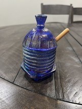 Wilkerson Carnival Glass Cobalt Honey Pot Vintage Wooden Dipper 5” - £99.38 GBP