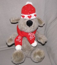 Baby Kris Mutt Stuffed Plush Gray Bear Dog Hat Mittens Big Brown Eye Nose 12&quot; - £15.96 GBP