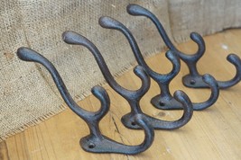 4 Cast Iron TRIPLE SCHOOL Style Coat Hooks Hat Hook Rack Hall Tree Tack ... - $24.99