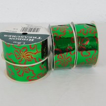 4 Offray Ribbon Treasures Green Metallic Shiny Christmas Red Bow Pattern 1 3/8&quot; - £6.17 GBP