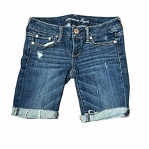 American Eagle Stretch Denim Bermuda Short Distressed Roll Cuff Hem Women Size 0 - £13.44 GBP