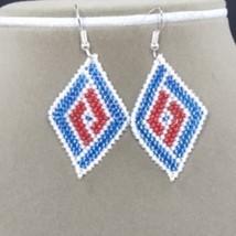 Red White and Blue Beaded Geometric Earrings, Beaded Earrings - £21.34 GBP