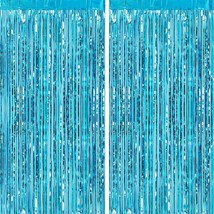 2Pcs 3Ft X 8Ft Light Blue Metallic Tinsel Foil Fringe Curtains Backdrop For Froz - $14.99