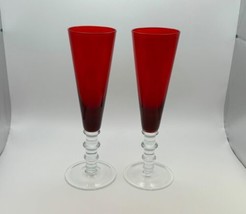 Pair of William Yeoward Crystal SCARLET Champagne Flutes Glasses - $199.99