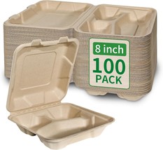 Aricsen Compostable Disposable 100 Pack 8X8 Inch 3 Compartment Takeout Lunch Box - $41.97