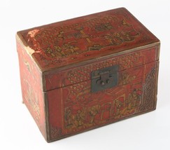 Antique Chinese Red &amp; Gold Lacquer Wooden Box Hand-Painted Qing Dynasty w/ CoA - £777.43 GBP