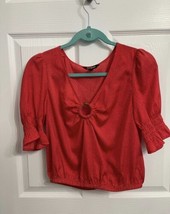 Express red polka dot silky puff top size small Crop Bamboo Ring Bust - $9.49