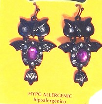 Owl Dangle Pierced Earrings Purple Stone Black Metal Hypo Allergenic - £6.17 GBP