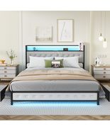LED Bed Frame Queen Size with Type-C &amp; USB Charging Station - £184.85 GBP