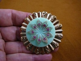 z30-16) Mint Green + gold flower pink rhinestone Czech glass button brooch pin - £25.51 GBP