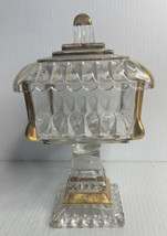 Vintage Jeanette Wedding Box  Dish On Pedestal Lid Pressed Glass Gold trim 8&quot;H - £13.97 GBP