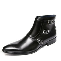 Men&#39;s Black High Ankle Monks Triple Buckle Strap Genuine Leather Handmade Boots - £127.88 GBP+